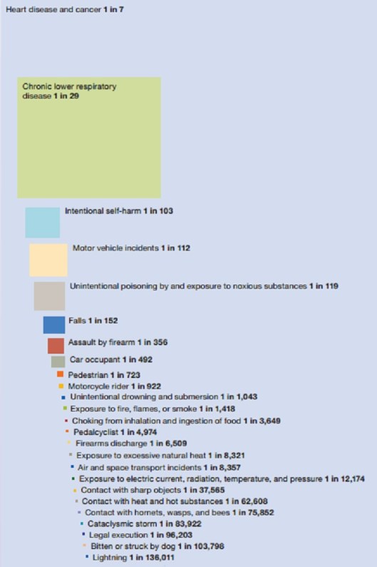 From National Safety Council, odds for dying by any cause, USA.